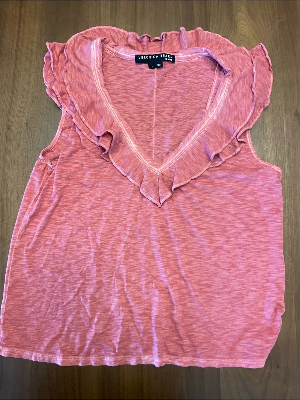Veronica Beard Rose Pink Ruffle V-Neck Tee | Large | 100% Pima Cotton